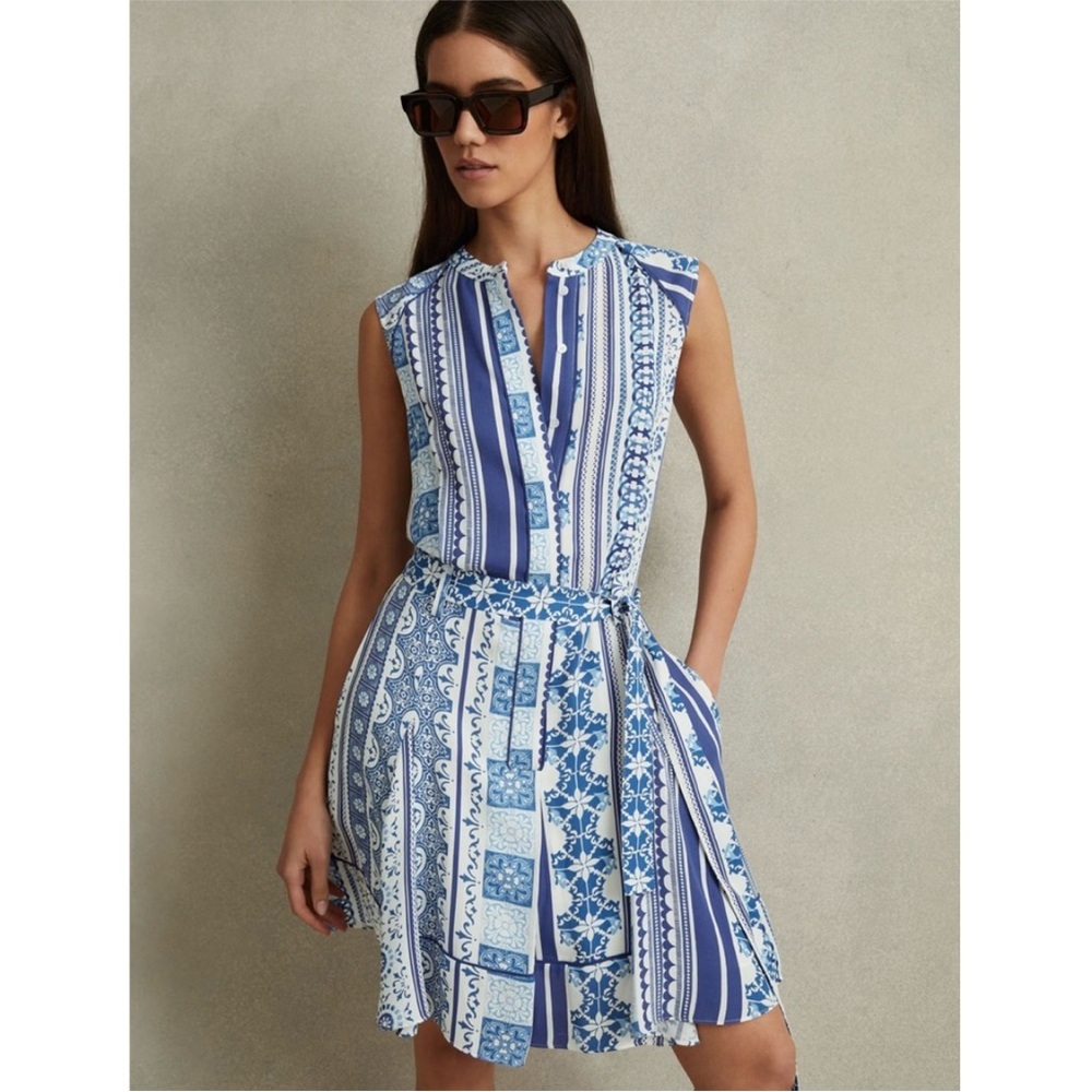 Reiss Blue and White Patterned Stripe Florence Tie Waist Dress